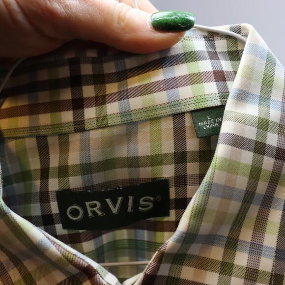 Orvis Men’s Plaid Button Down Shirt Large Green Brown Blue Cotton Classic Fit - Picture 3 of 3